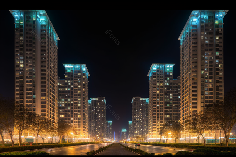 在楼盘中间马路上拍繁华城市高楼建筑多彩绚丽灯光美丽夜景实拍,高清,摄影图,摄影图片,图片大全,摄影图免费下载